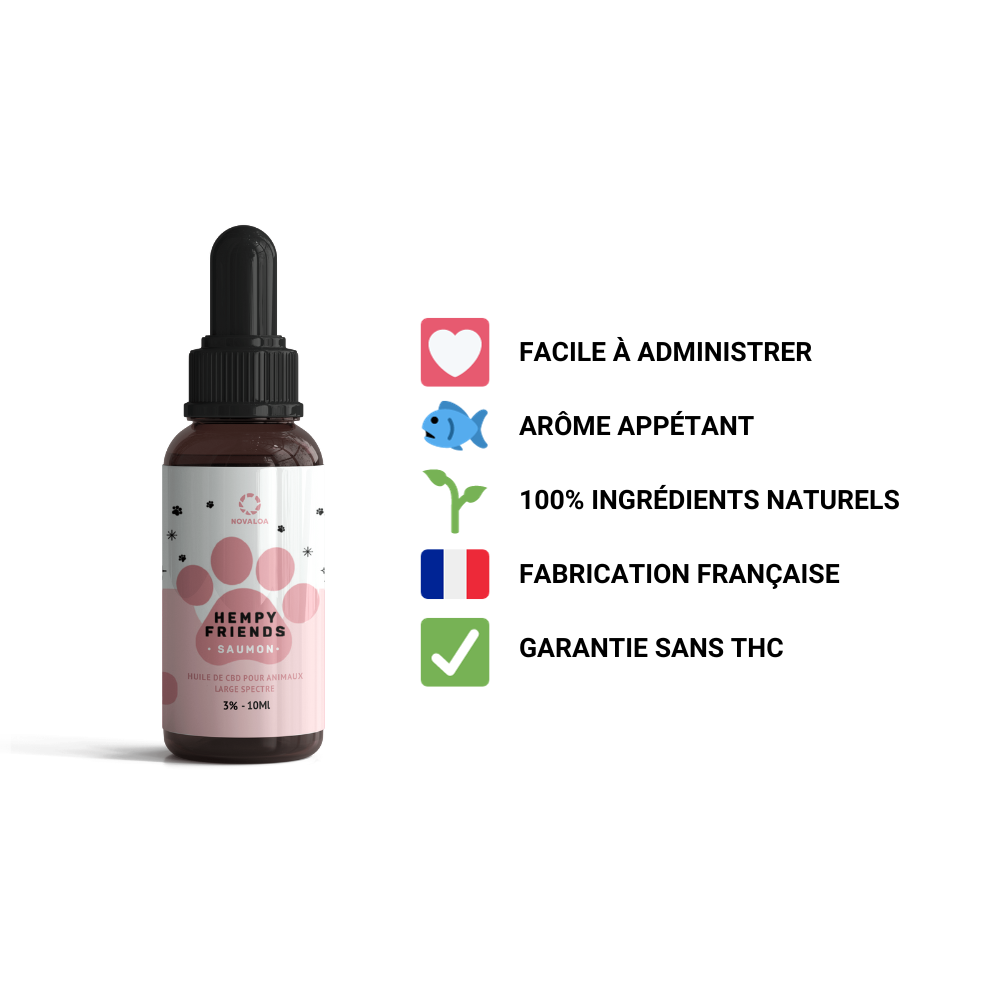 Huile CBD animaux 3 % saumon – détente naturelle pour chien et chat