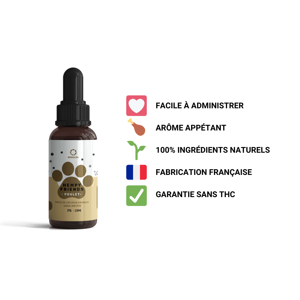 Huile CBD animaux 3% poulet – bien-être naturel, plaisir garanti