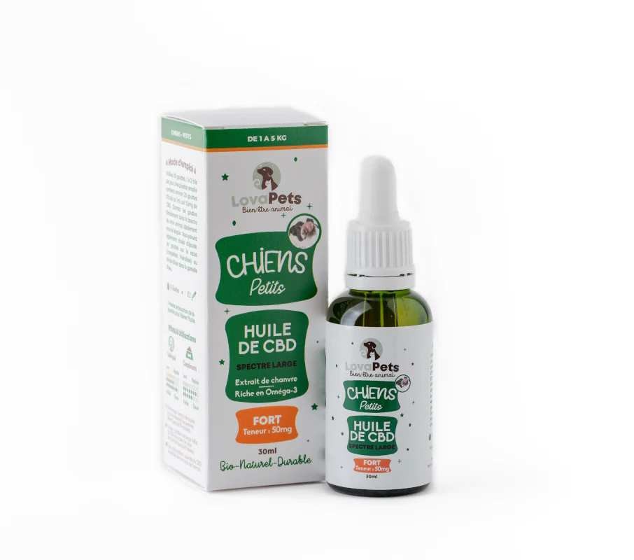 Huile CBD bio 50mg petit chien – bien-être naturel, sans THC LOVAPETS