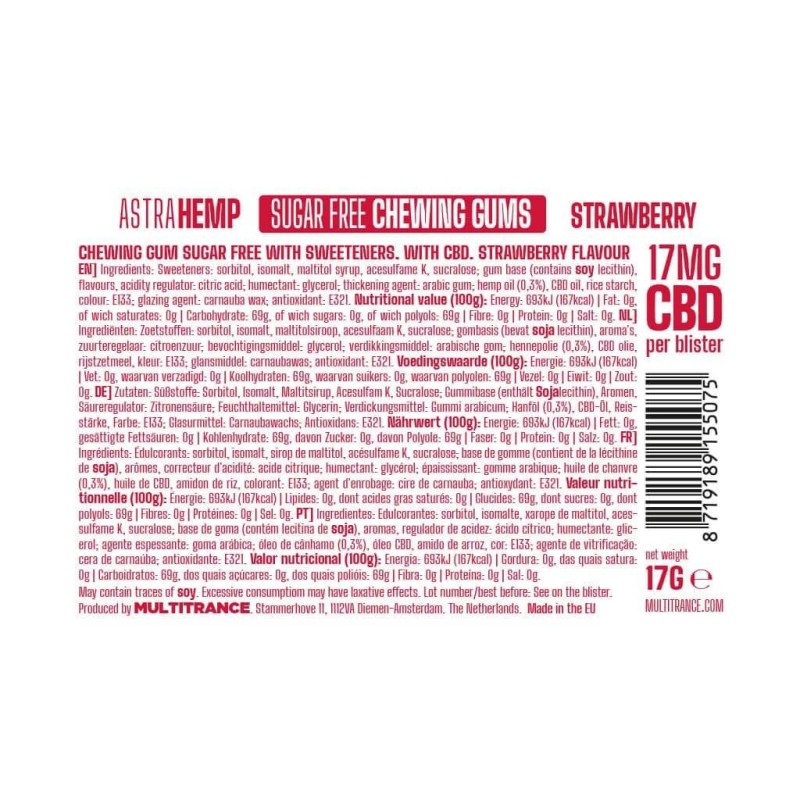 Chewing-gum CBD Fraise – 17 mg par pièce, sans sucre, 12 pièces