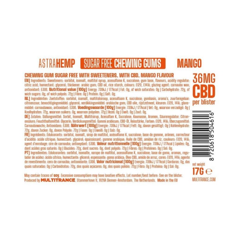 Chewing-Gum CBD Mangue Astra Hemp – 36 mg, 100% légal
