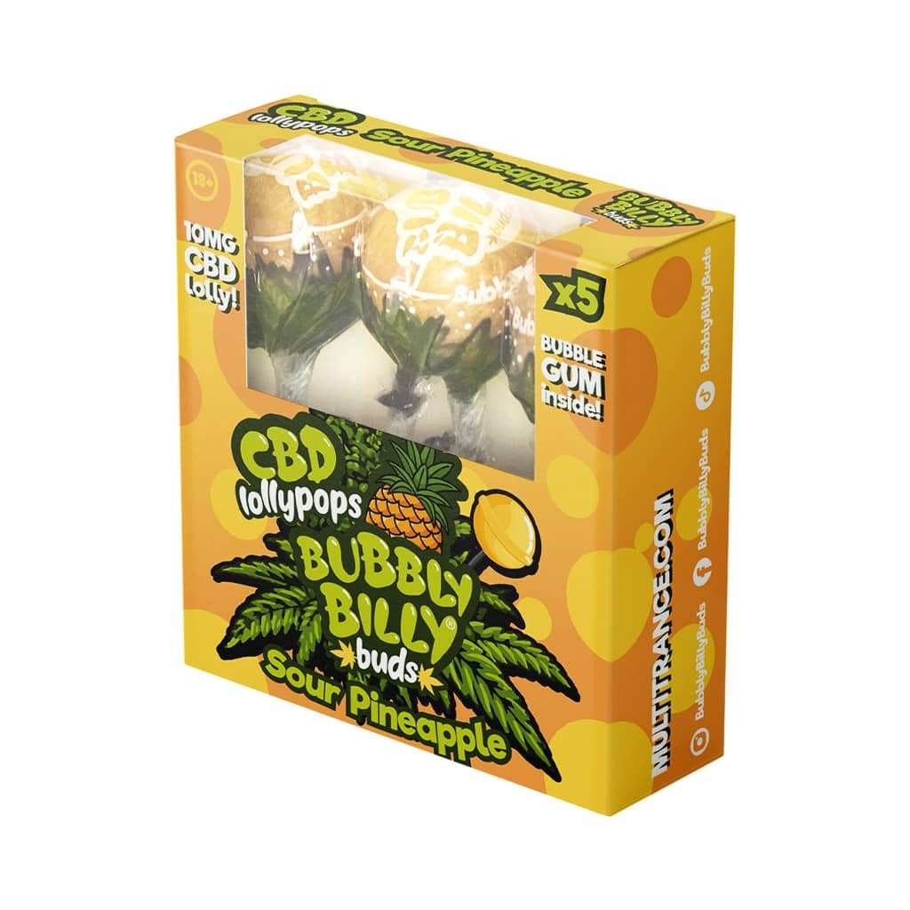 Sucettes CBD Sour Pineapple – Pack de 5 Bubbly Billy